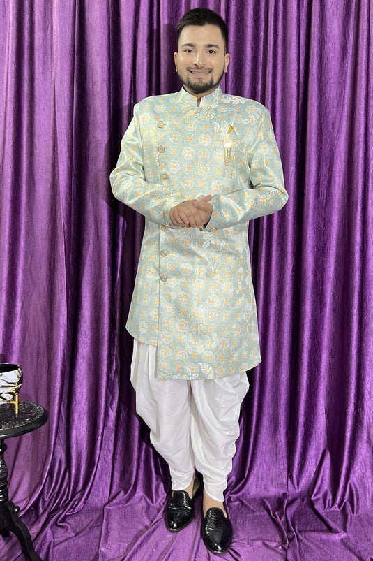 Light Blue Jacquard Fabric Magnificent Readymade Men Peshawari Style Indo Western For Wedding Wear