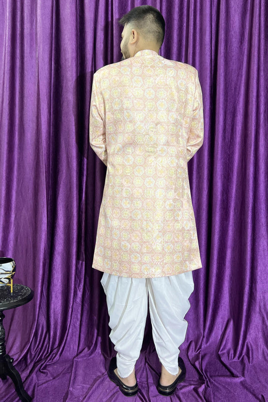 Jacquard Peach Magnificent Readymade Men Peshawari Style Indo Western For Wedding Wear