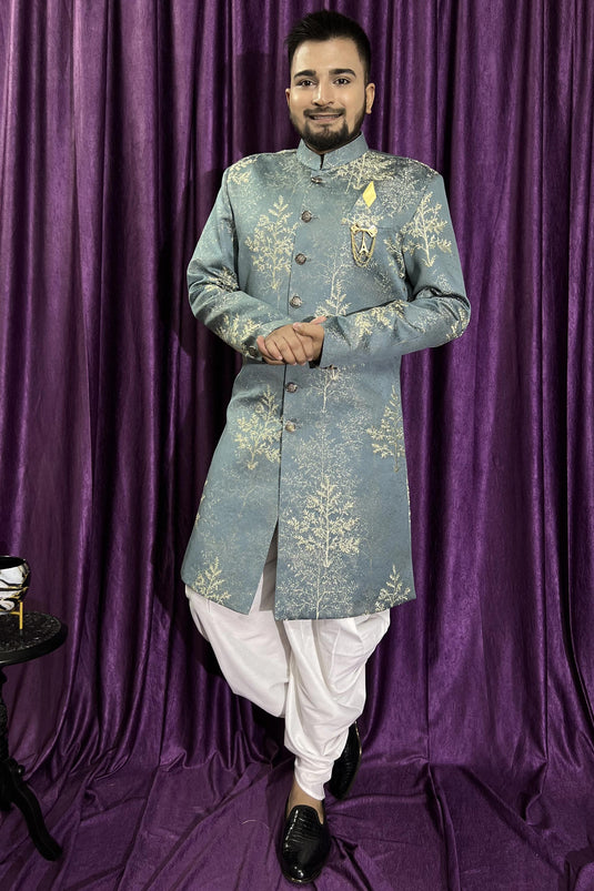 Jacquard Fabric Light Green Color Wedding Wear Designer Readymade Peshawari Style Indo Western For Men