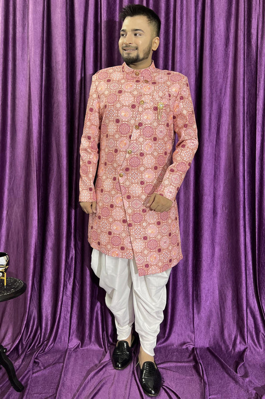 Pink Color Wedding Wear Cotton Fabric Designer Readymade Peshawari Style Indo Western For Men