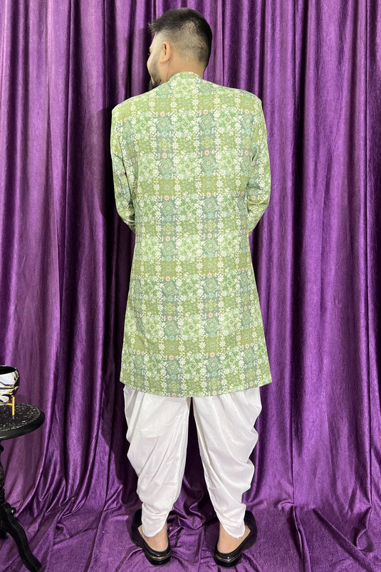 Green Color Wedding Wear Cotton Fabric Designer Readymade Peshawari Style Indo Western For Men