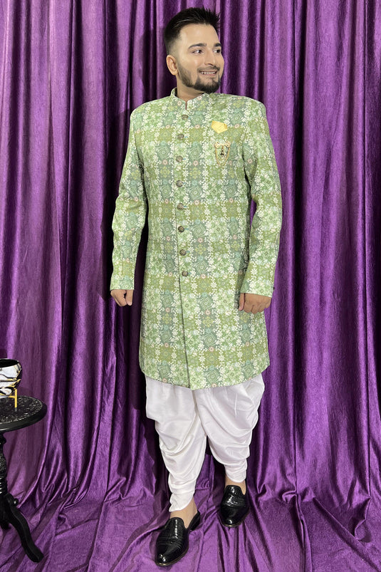 Green Color Wedding Wear Cotton Fabric Designer Readymade Peshawari Style Indo Western For Men