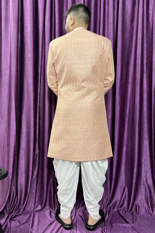 Silk Fabric Designer Wedding Wear Readymade Peshawari Style Indo Western For Men In Peach Color