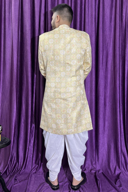 Wedding Wear Light Green Color Jacquard Fabric Readymade Peshawari Style Indo Western For Men
