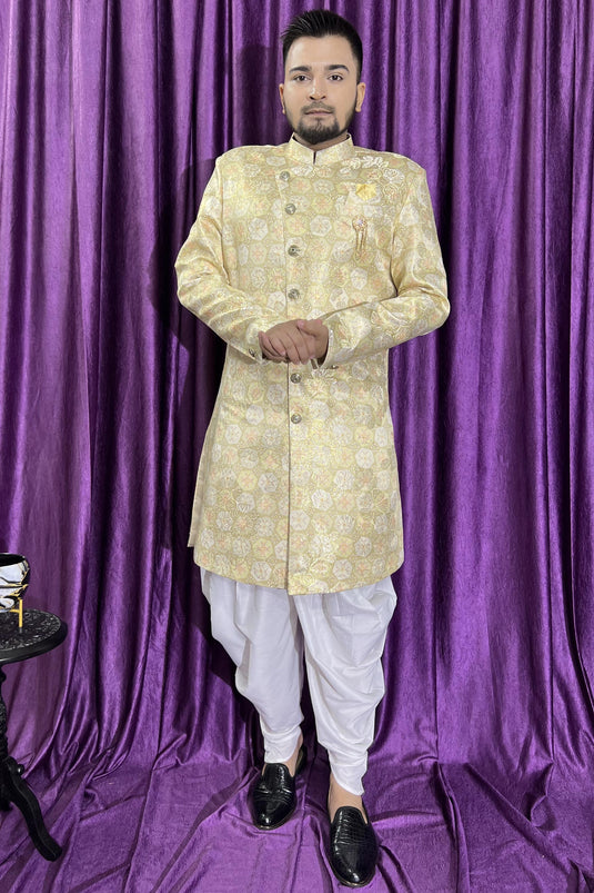 Wedding Wear Light Green Color Jacquard Fabric Readymade Peshawari Style Indo Western For Men
