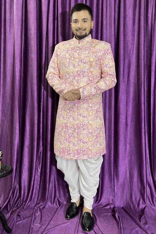 Men Pink Color Wedding Wear Designer Readymade Peshawari Style Indo Western