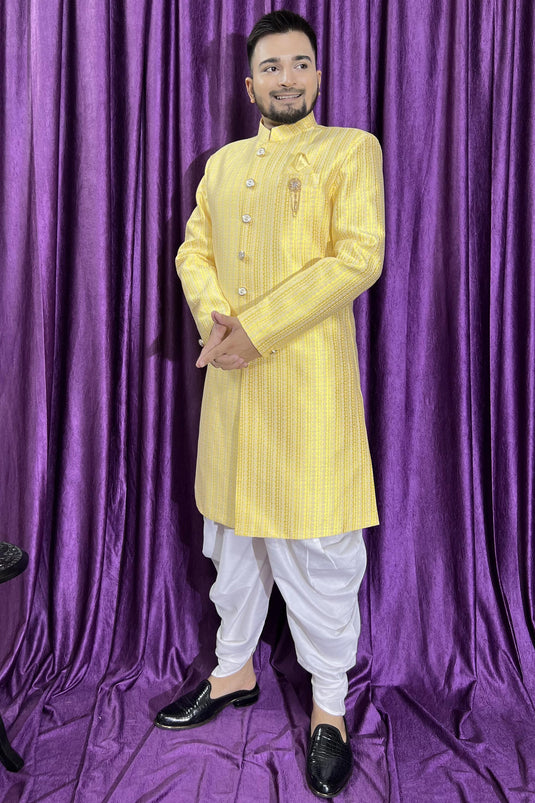 Jacquard Fabric Yellow Color Designer Readymade Peshawari Style Indo Western For Men