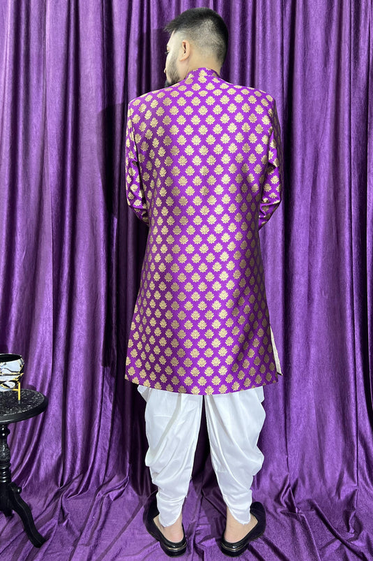 Mens Wedding Wear Purple Color Readymade Peshawari Style Indo Western In Jacquard Fabric