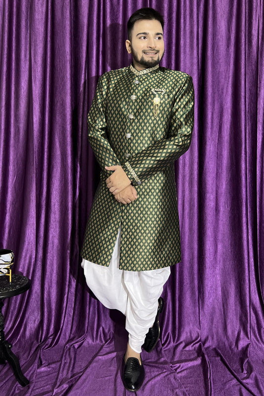 Men Green Color Wedding Wear Designer Readymade Peshawari Style Indo Western
