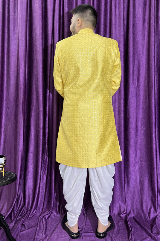 Reception Wear Yellow Color Fancy Silk Fabric Readymade Peshawari Style Indo Western For Men