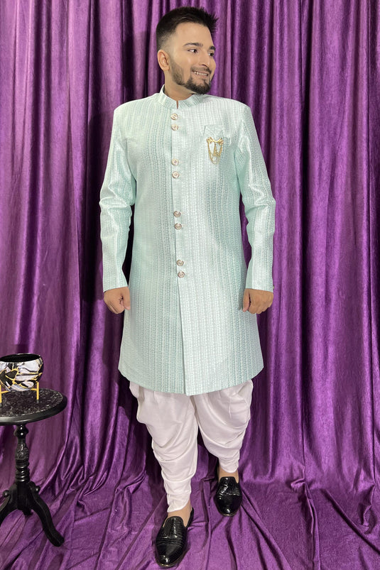 Sky Blue Color Jacquard Fabric Wedding Wear Readymade Designer Peshawari Style Indo Western For Men