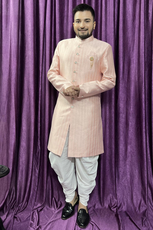 Pink Color Reception Wear Jacquard Fabric Readymade Stylish Peshawari Style Indo Western For Men