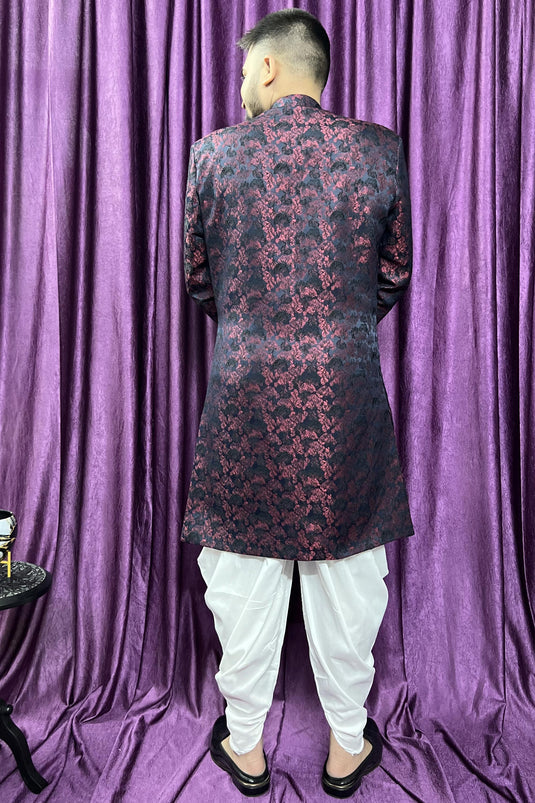 Wedding Wear Jacquard Fabric Readymade Maroon Color Peshawari Style Indo Western For Men