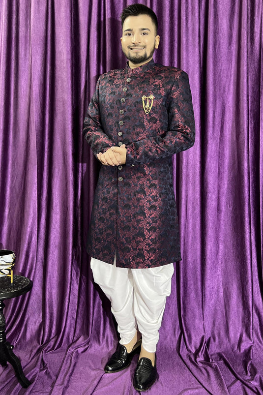 Wedding Wear Jacquard Fabric Readymade Maroon Color Peshawari Style Indo Western For Men