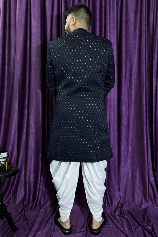 Jacquard Fabric Navy Blue Color Wedding Wear Readymade Men Peshawari Style Indo Western