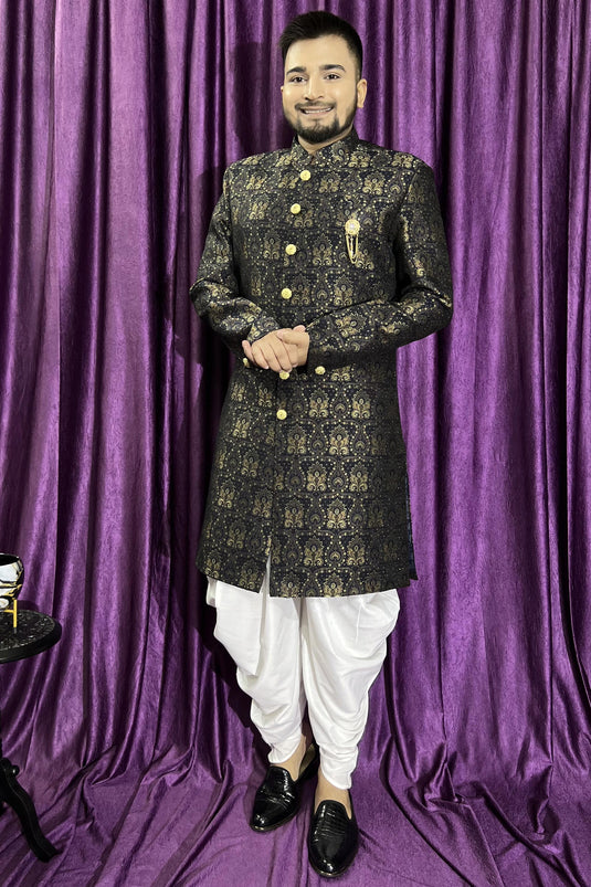Jacquard Navy Blue Wedding Wear Readymade Lovely Peshawari Style Indo Western For Men