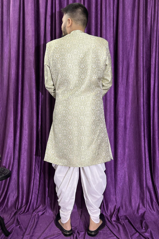 Pretty Jacquard Fabric Reception Wear Readymade Men Peshawari Style Indo Western In Olive Color