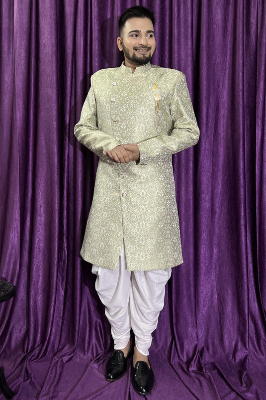 Pretty Jacquard Fabric Reception Wear Readymade Men Peshawari Style Indo Western In Olive Color