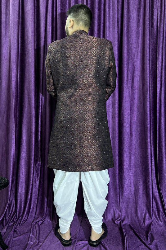 Jacquard Wedding Wear Attractive Readymade Men Peshawari Style Indo Western In Maroon Color