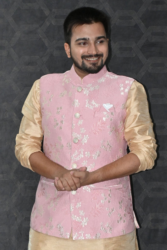 Jacquard Wedding Wear Readymade Designer Men Pink Color Jacket