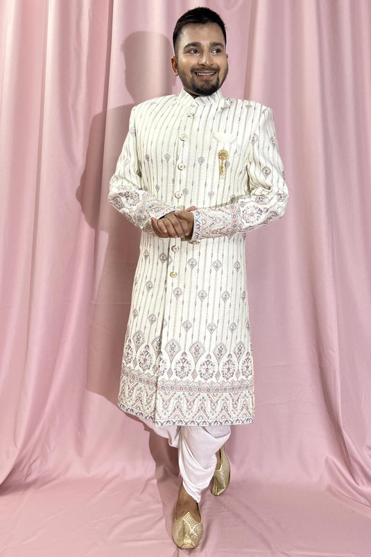 Cream Color Silk Fabric Wedding Wear Readymade Sherwani For Men