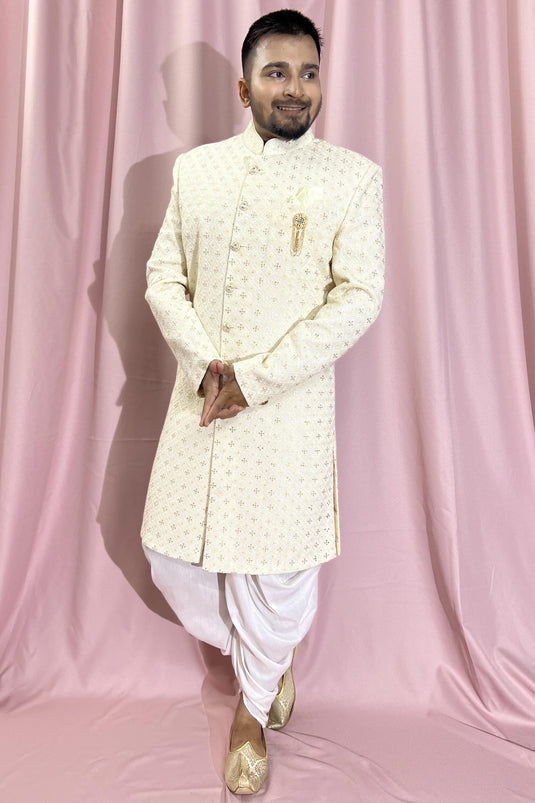 Georgette Fabric Cream Color Wedding Wear Readymade Men Stylish Indo Western
