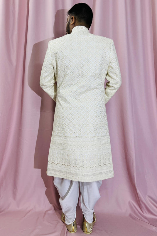 Cream Silk Fabric Wedding Wear Trendy Readymade Sherwani For Men