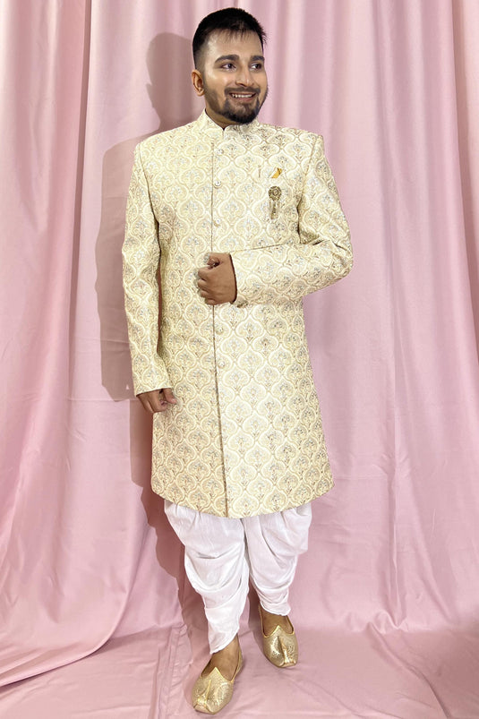 Silk Beige Color Wedding Wear Readymade Designer Men Indo Western