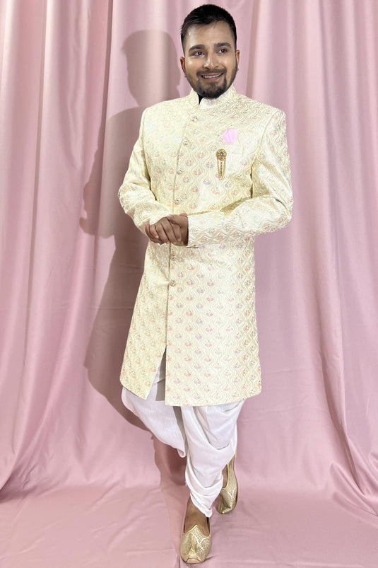 Cream Gorgeous Silk Fabric Wedding Wear Readymade Indo Western For Men