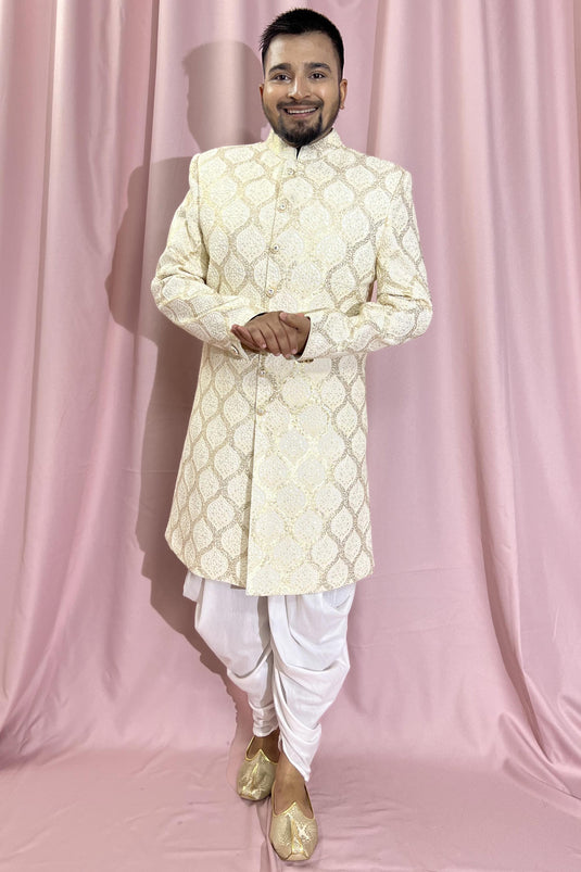 Georgette Stunning Cream Color Wedding Wear Readymade Men Indo Western
