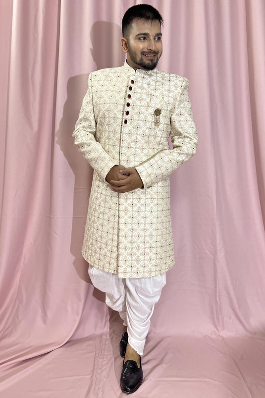 Pretty Silk Fabric Wedding Wear Readymade Men Indo Western In Cream Color
