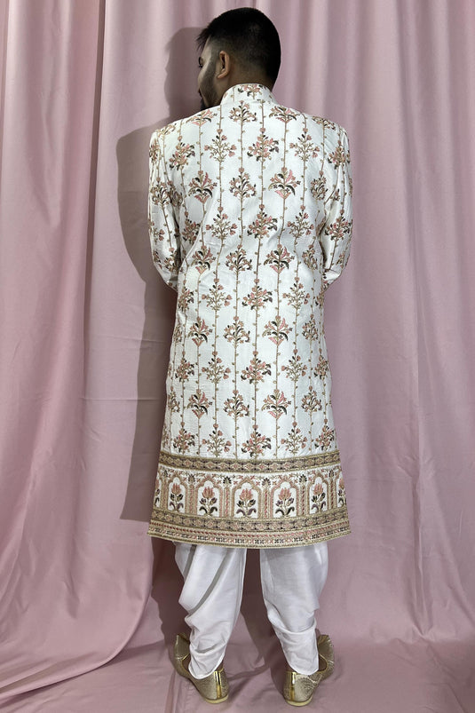 Beautiful Cream Color Wedding Wear Readymade Sherwani For Men In Silk Fabric