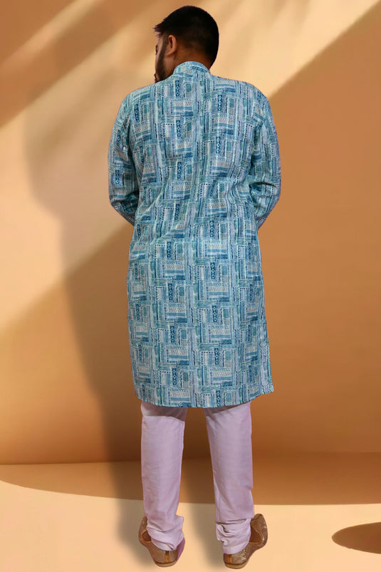Light Cyan Jacquard Fabric Readymade Kurta Pyjama For Men