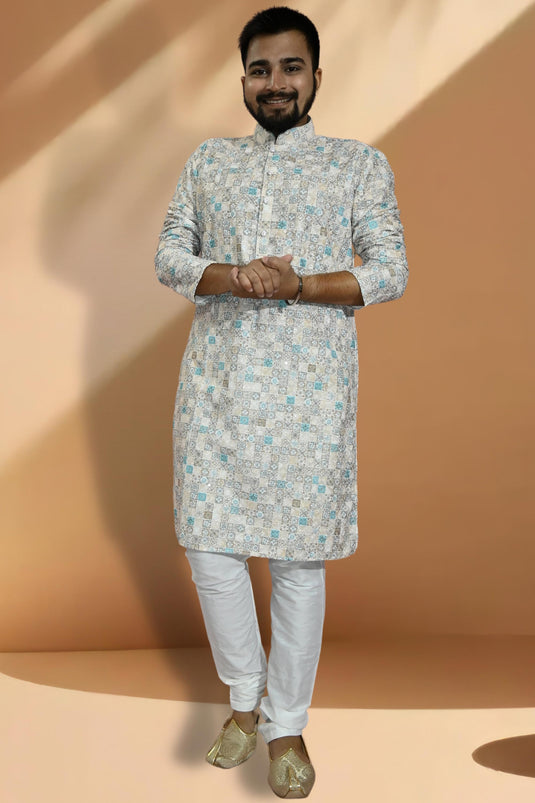 Cream Color Cotton Fabric Captivating Readymade Kurta Pyjama For Men