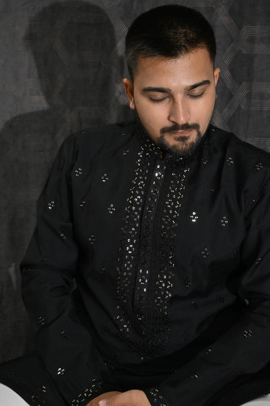 Cotton Silk Black Color Wedding Wear Sequins Embroidery Readymade Designer Men Kurta Pyjama