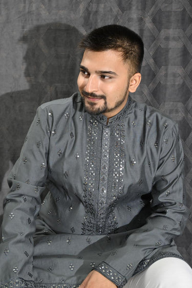 Sequins Embroidery Gorgeous Cotton Silk Fabric Reception Wear Readymade Kurta Pyjama For Men
