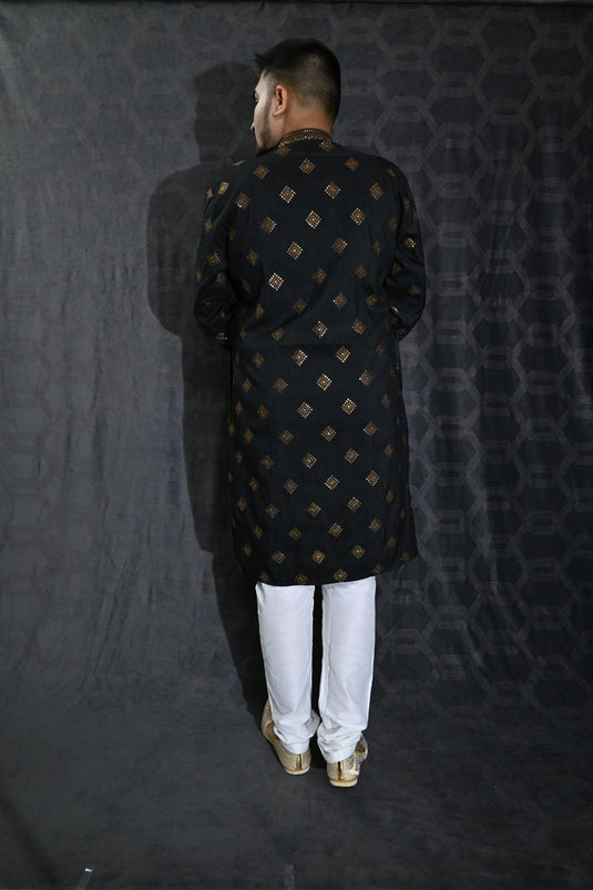 Beautiful Sequins Embroidery Black Color Wedding Wear Readymade Kurta Pyjama For Men In Art Silk Fabric