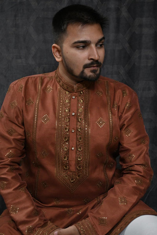 Function Wear Readymade Glamorous Sequins Embroidery Kurta Pyjama For Men In Art Silk Fabric