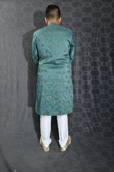 Sequins Embroidery Sea Green Art Silk Graceful Readymade Men Kurta Pyjama For Festive Wear