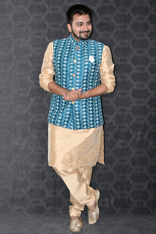 Art Silk Fabric 3 Piece Readymade Kurta With Pyjama And Blue Modi Jacket