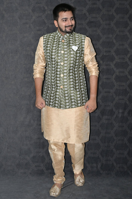 Art Silk Fabric Festive Wear Readymade Men Stylish Kurta Pyjama With Olive Color Jacket set