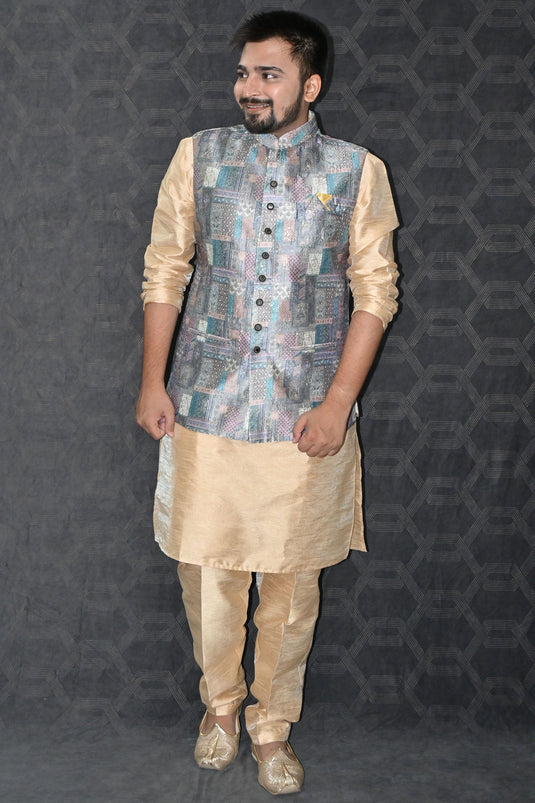 Gorgeous Art Silk Fabric Reception Wear Readymade Kurta Pyjama For Men With Grey Color Jacket