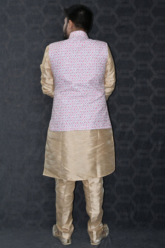 Art Silk Function Wear Readymade Men Kurta Pyjama With Pink Color Stunning Jacket