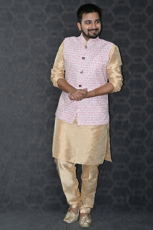 Art Silk Function Wear Readymade Men Kurta Pyjama With Pink Color Stunning Jacket