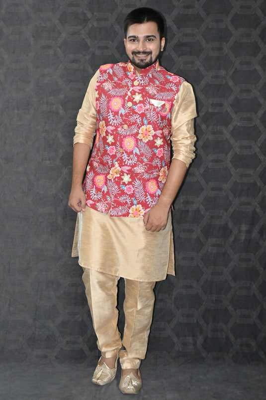 Art Silk Fabric Festive Wear Readymade Stunning Kurta Pyjama For Men With Red Color 3 Pcs Jacket Set