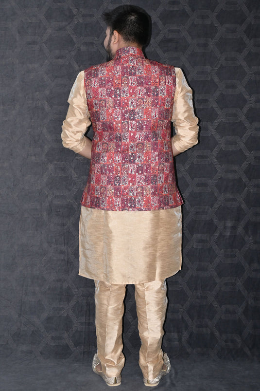 Men Ethnic Art Silk Readymade Kurta With Pyjama And Maroon Color Jacket