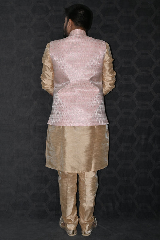 Art Silk Fabric Function Wear Readymade Men Kurta Pyjama With Pink Color Jacket