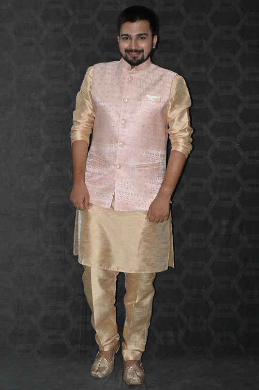 Art Silk Fabric Function Wear Readymade Men Kurta Pyjama With Pink Color Jacket