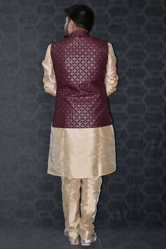 Charcoal Grey Printed Jacket With Maroon Kurta Set