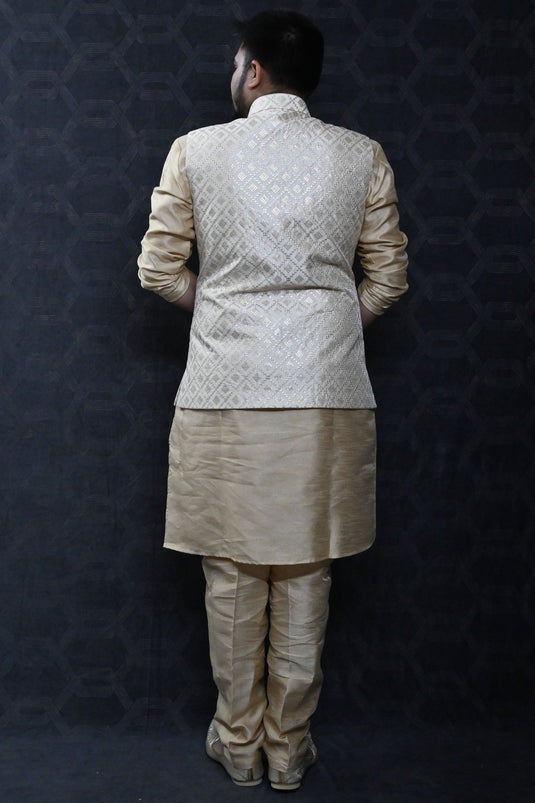 Art Silk Fabric Festive Wear Readymade Men Kurta Pyjama With Cream Color Jacket